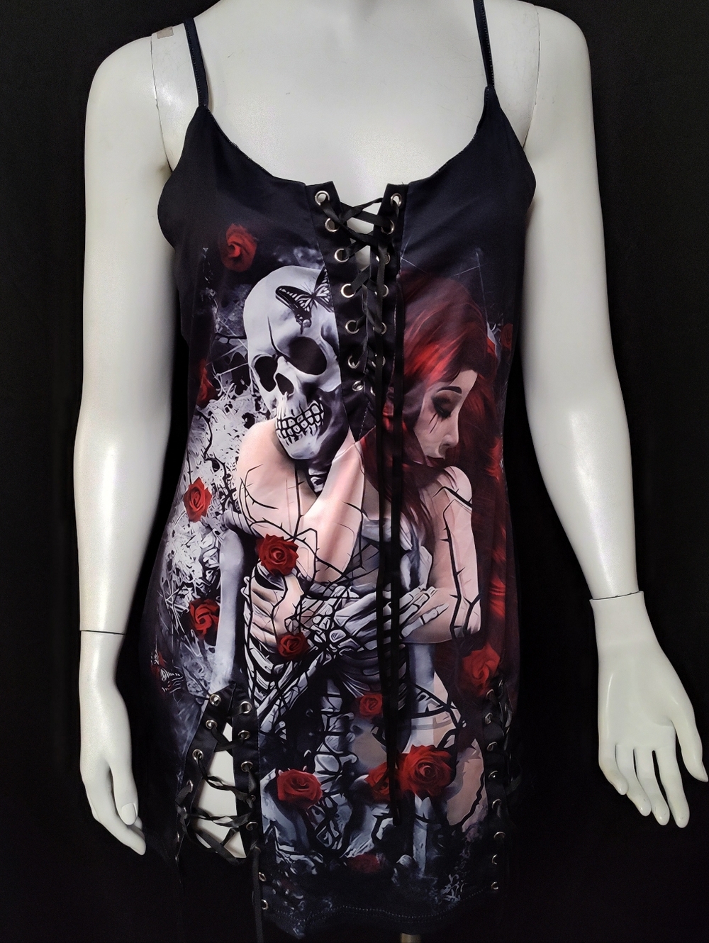 Black Lace-Up Gothic Rose Print Slip Dress Small